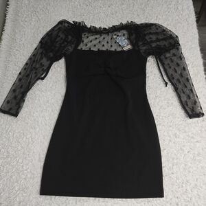 Boohoo Black Dress with Sheer Polka Dot Sleeves